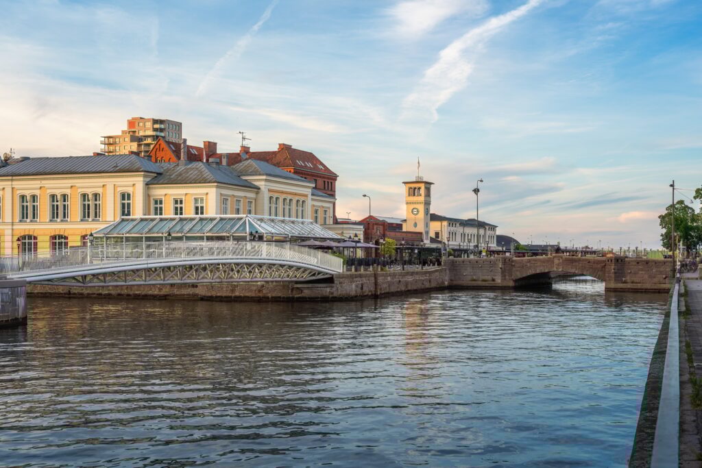 Malmo Canal Skyline at sunset with Malmo Central Station - Malmo, Sweden